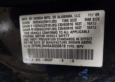 2010 Honda Odyssey Ex z USA, uszkodzony, nr VIN 5FNRL3H49AB030818